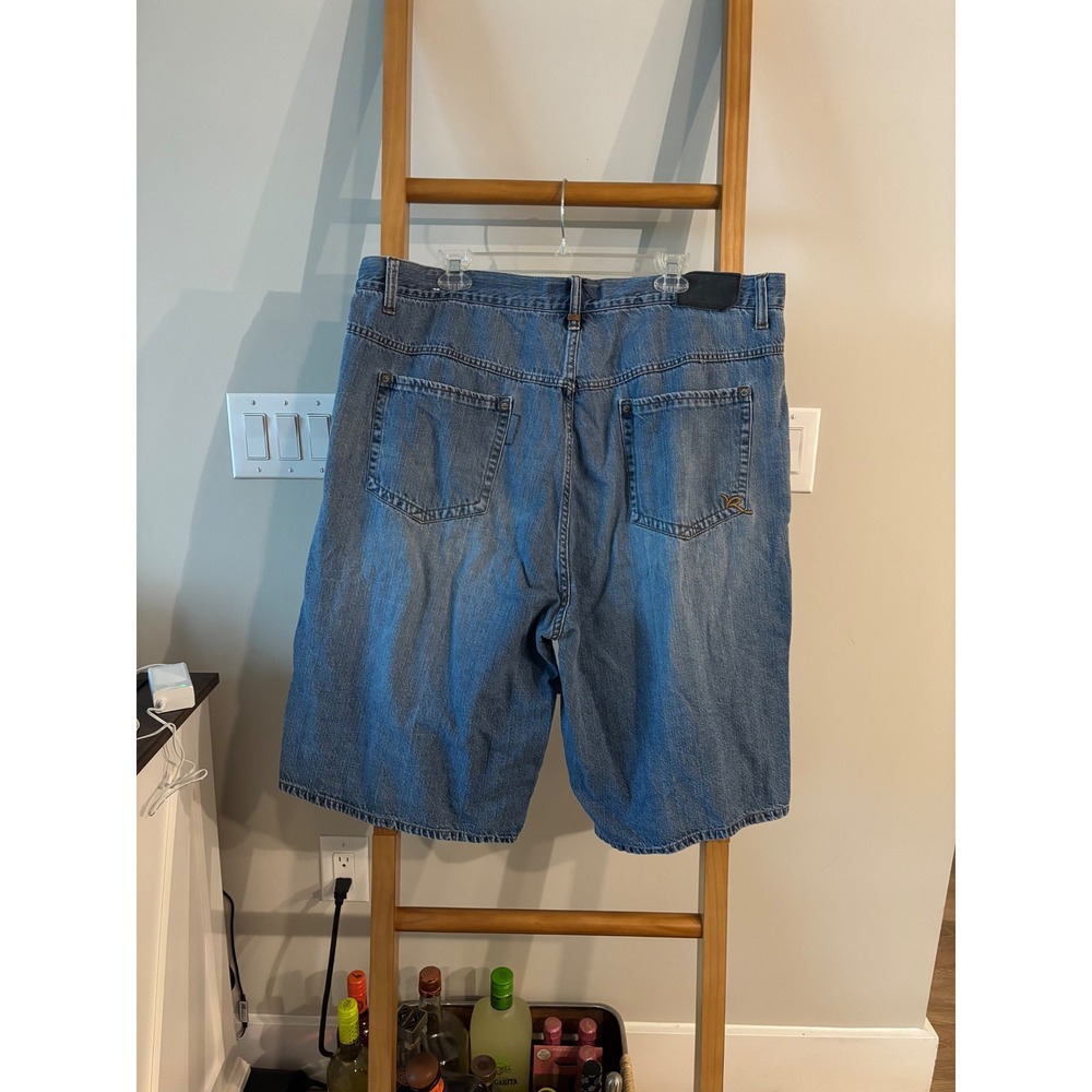 Rocawear Mens Baggy Denim Shorts Blue Size 44 Y2K Hip Hop Embroidered Logo